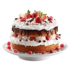 Two-tiered cake, layered with whipped cream, topped with fresh berries and chocolate drizzle