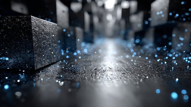 Abstract dark cubes and glowing blue particles on reflective surface background.