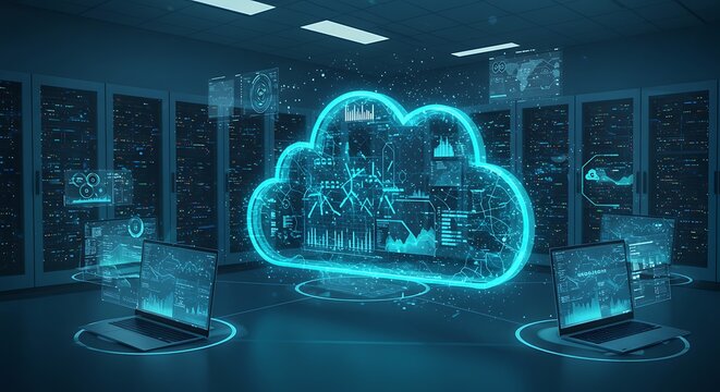 Abstract representation of cloud computing and data analytics in a server room environment
