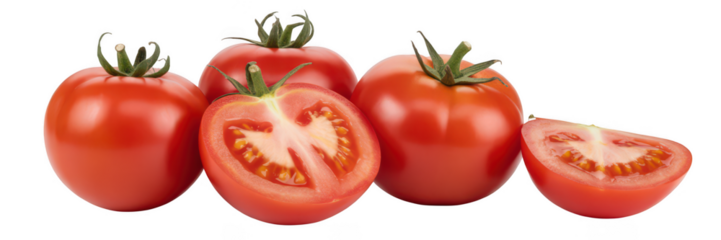 Group of roma tomatoes one cut in half and one quartered isolated on transparent background