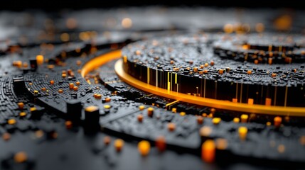 Abstract futuristic circuit cityscape with glowing orange lights on black background.