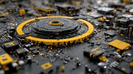 Futuristic black and yellow motherboard with circular core structure in focus.