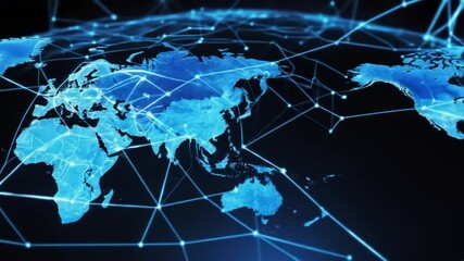 A global digital communications network with a blue technology interface representing connections and businesses around the world. 4k video - Powered by Adobe
