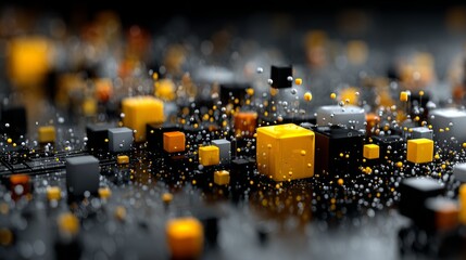 Abstract colorful cubes and spheres floating over dark tech background surface.