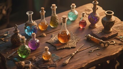 A collection of colorful potion bottles and mystical artifacts arranged on a wooden table.