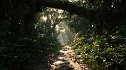 A sunlit path winds through a dense, lush forest. The canopy filters light onto the stony ground