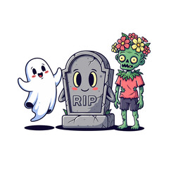 Cute cartoon ghost and zombie with tombstone isolated on transparent background