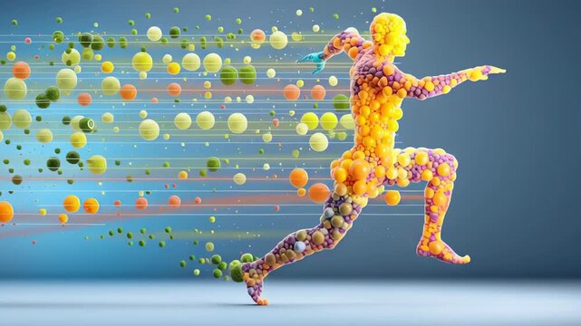 Nutritional concept colorful spheres forming running human figure showing energy flow risk vitality motion particles health