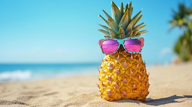 Funny pineapple wearing cool sunglasses sunbathing on sunny beach with copy space for summer quote or message