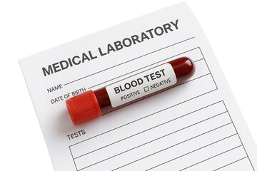 Blood test vial on medical laboratory form with positive checkbox, blood test with vial and transparent background