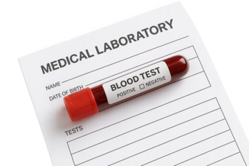 Blood test vial on medical laboratory form with positive checkbox, blood test with vial and transparent background