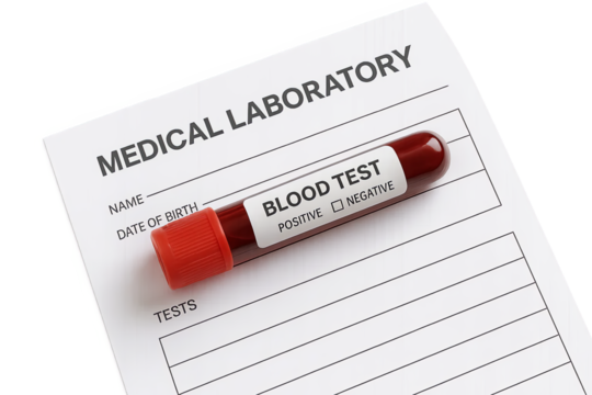 Blood test vial on medical laboratory form with positive checkbox, blood test with vial and transparent background