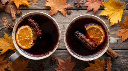 Two cups of autumn mulled wine or gluhwein with spices and orange slices on rustic table top view. Traditional drink on autumn holiday on the background of autumn leaves