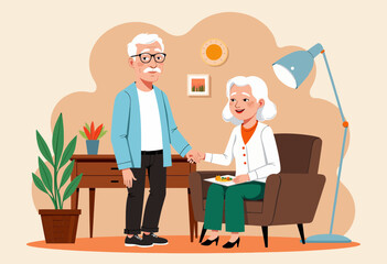 Elderly couple holding hands and smiling in cozy living room  