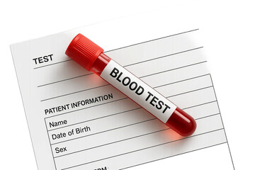 Blood vial labeled 'blood test' on patient information form, blood test with vial and transparent background
