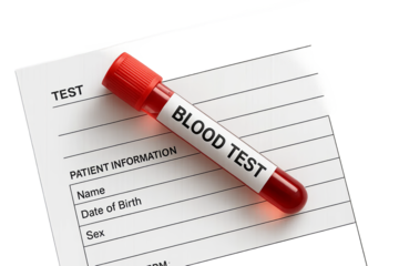 Blood vial labeled 'blood test' on patient information form, blood test with vial and transparent background