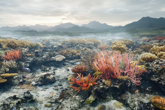 Vibrant coral reef ecosystem thrives in shallow waters, mountains in background under a misty sky. - Powered by Adobe