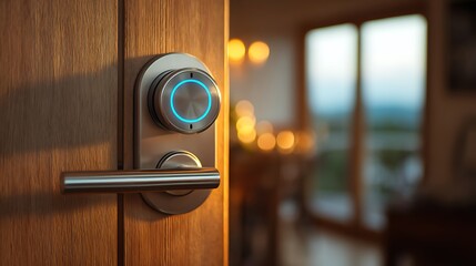 Futuristic smart lock with biometric fingerprint scanner on wooden door subtle evening lighting creating modern home tech vibe