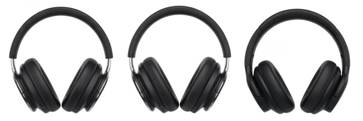 Three black over ear headphones arranged in a row isolated on transparent background