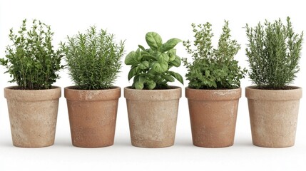 Fresh organic herb garden featuring basil mint and rosemary plants growing in rustic terracotta pots  Homegrown culinary herbs for cooking and