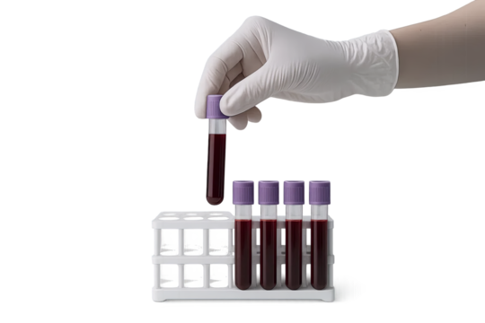 Gloved hand placing blood vial into rack with others, blood test with vial and transparent background
