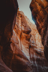 Scenic view from within the narrow Siq canyon in Petra, Jordan, surrounded by towering sandstone cliffs with rich textures and natural light filtering between the rocks