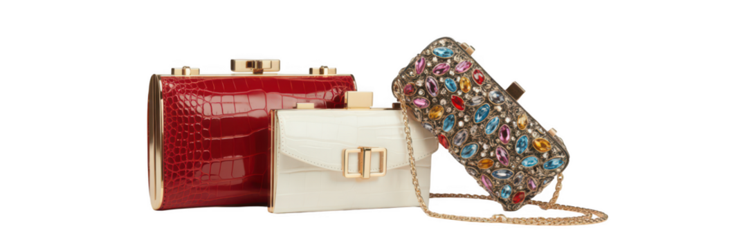 Three decorative flasks and a beaded clutch bag isolated on transparent background