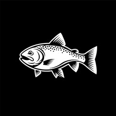 Trout fish mascot logo. Black and white vector for fishing club or seafood brand.