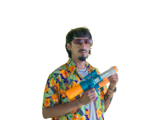 Young man wearing a colorful Hawaiian shirt holding a water gun against a yellow background, fun and vibrant atmosphere, perfect for Songkran festival or summer party  on transparent background
