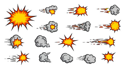 Cartoon Comic Explosion Set with Smoke and Speed Lines.