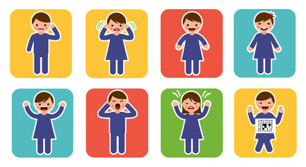 Cartoon Figures Expressing Emotions and Actions in Colorful Frames.