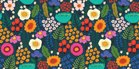 Multicolored Floral Seamless Pattern with Leaves and Berries. Doodle whimsical floral design in vibrant tones on dark green background. Feminine repeatable background perfect for fashion, textiles