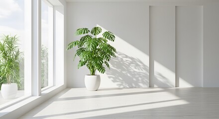 A bright, minimalist interior featuring a large Monstera plant in a white pot, bathed in sunlight streaming through a large window.