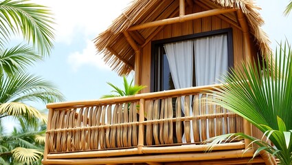 Filipino nipa hut balcony, bamboo and palm materials, 3D visual rendering
