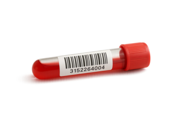 Lying blood vial with barcode label on light surface, blood test with vial and transparent background