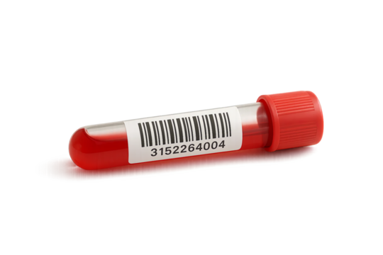 Lying blood vial with barcode label on light surface, blood test with vial and transparent background
