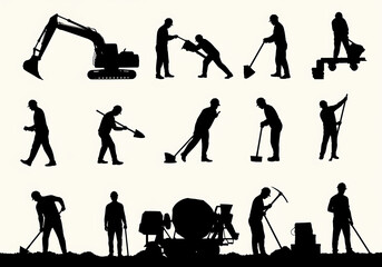 Obraz premium Silhouettes of construction workers with equipment isolated on white background