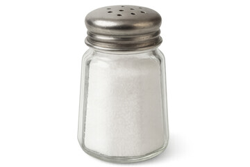 White table salt pouring from classic glass shaker, transparent background highlighting culinary essential