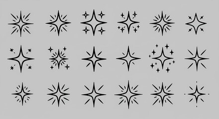 Collection of Black Starburst Icons on Light Gray Background Vector Illustration.