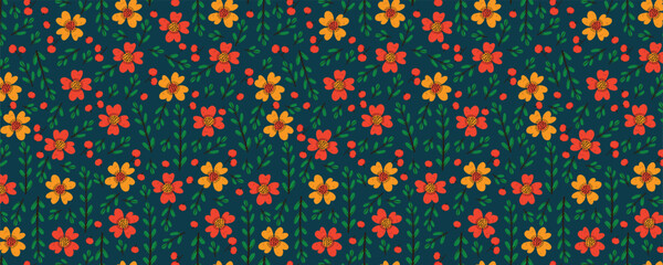 Floral Seamless Pattern with Red and Yellow Flowers on Dark Green Background. Doodle hand-drawn blossoms and green leafy branches in whimsical style. Feminine repeatable background perfect for fashion