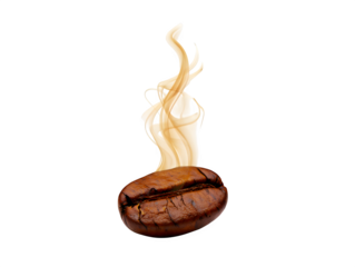Transparent Of Single roasted coffee bean with swirling beige smoke rising above it against a black background