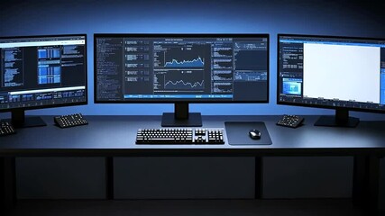 Sophisticated Stock Trading Setup with Multiple Displays Showcasing Financial Data - Powered by Adobe