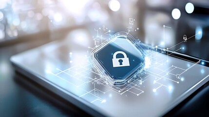 Digital Security Concept with Lock Icon and Data Protection Symbols over Laptop Background in Futuristic Setting