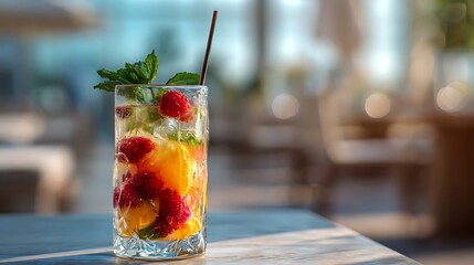 Glass of vibrant fruit cocktail on table with soft natural lighting and relaxed summer atmosphere