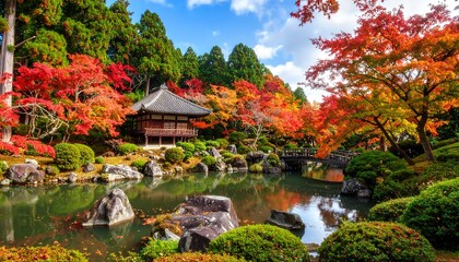 Picturesque Japanese garden with colorful foliage and a serene pond in autumn