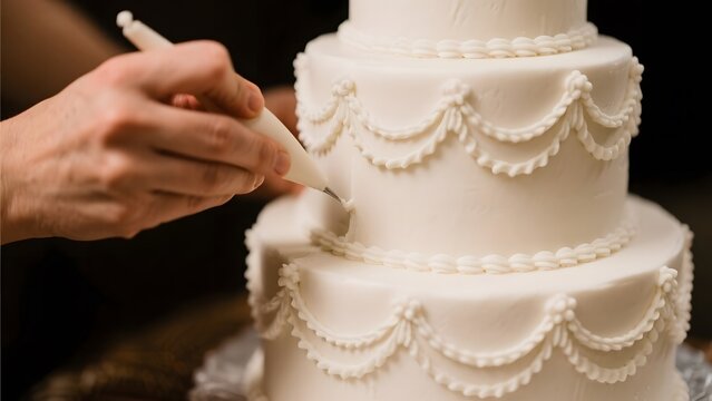 A person decorates a multi-tiered cake with intricate fondant details using a piping tool.