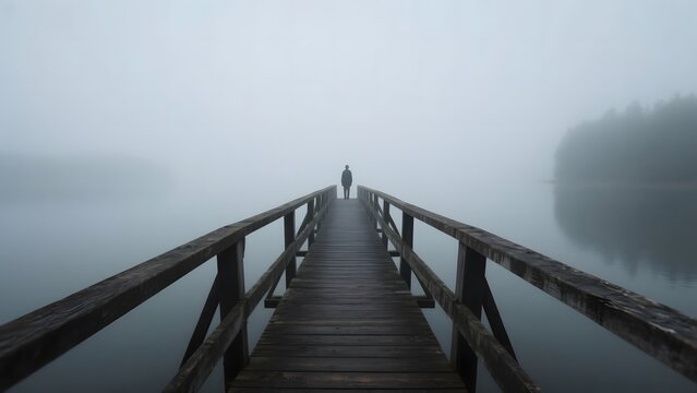 A solitary figure walks along a wooden pier extending into a misty lake.