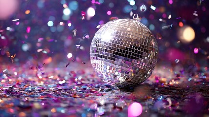 Glittering disco ball surrounded by shiny confetti on dark vibrant party background celebratory and joyful energy