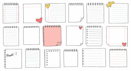 Collection of HandDrawn Notepad Sheets with Lines Hearts and Spiral Bindings.