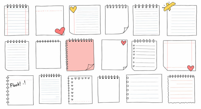 Collection of HandDrawn Notepad Sheets with Lines Hearts and Spiral Bindings.